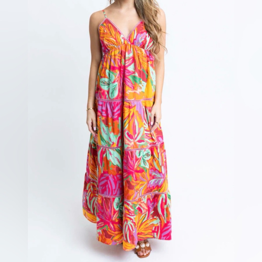 Karlie Tropical Floral Maxi Dress in Orange, Pink & Green